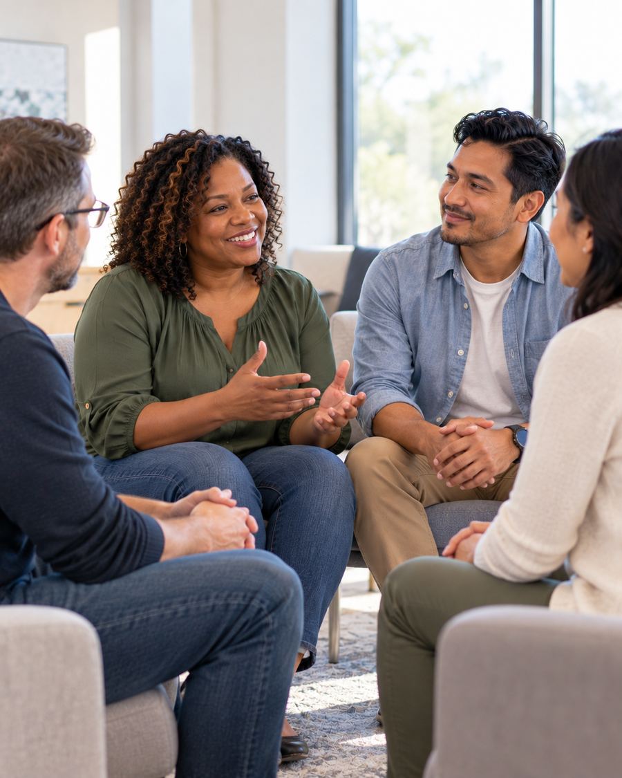 A small group of adults from different backgrounds talking together