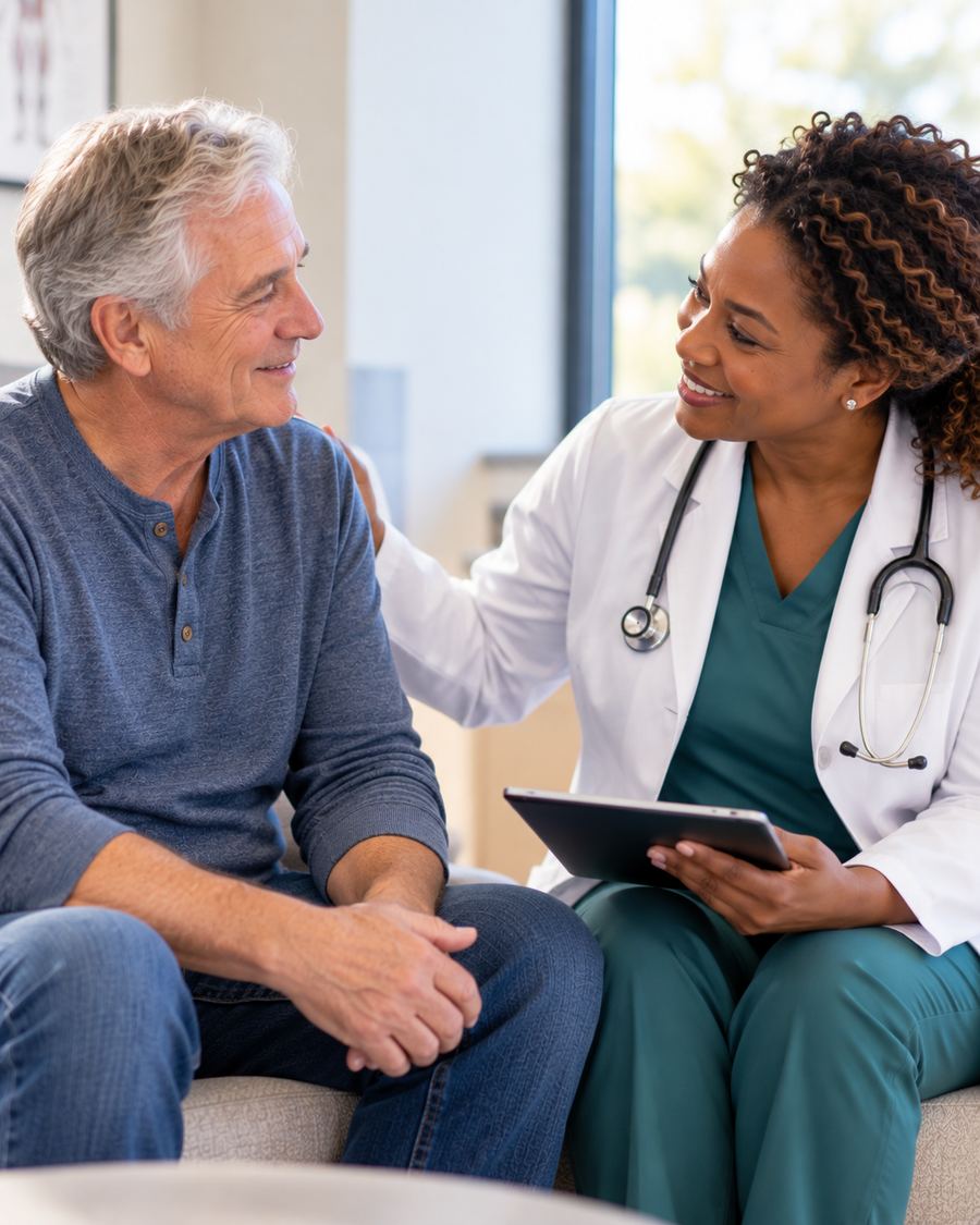 An older man talking with a caring provider