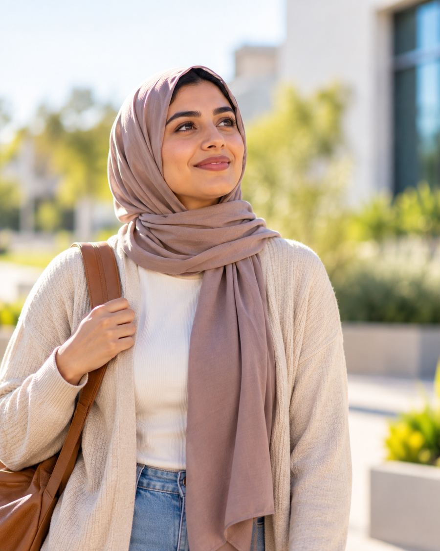A young woman in a hijab outdoors, smiling and hopeful