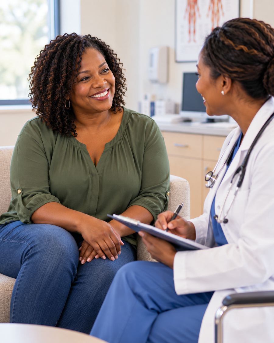 A smiling woman talking with a healthcare provider in a bright office