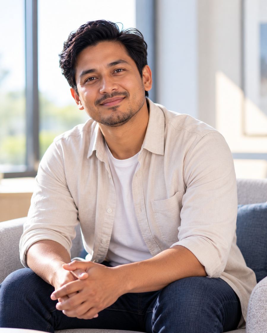 A man sitting on a sofa in natural light, smiling gently
